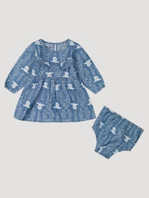 Little Girl's Denim Ruffle Yoke Dress in Denim