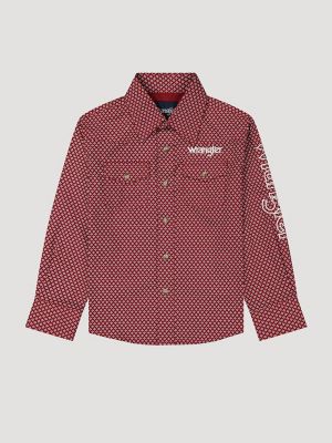 Boy's Wrangler&reg; Logo Long Sleeve Western Snap Shirt in Brick