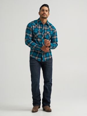 Men's Wrangler Retro&reg; Long Sleeve Flannel Western Snap Plaid Shirt in Stormy Blue alternative view
