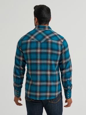 Men's Wrangler Retro&reg; Long Sleeve Flannel Western Snap Plaid Shirt in Stormy Blue alternative view 2