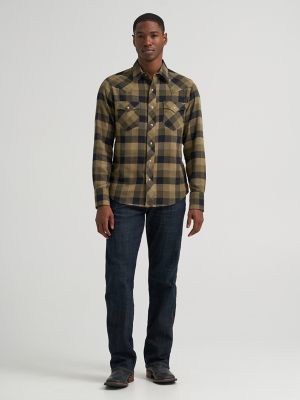 Men's Wrangler Retro&reg; Long Sleeve Flannel Western Snap Plaid Shirt in Field Olive alternative view