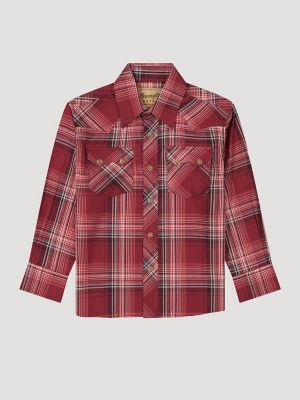 Boy's Wrangler Retro&reg; Western Snap Plaid Shirt with Front Sawtooth Pockets in Rust Canyon