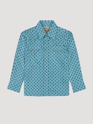 Boy's Wrangler Retro&reg; Western Snap Plaid Shirt with Front Sawtooth Pockets in Dusky Teal