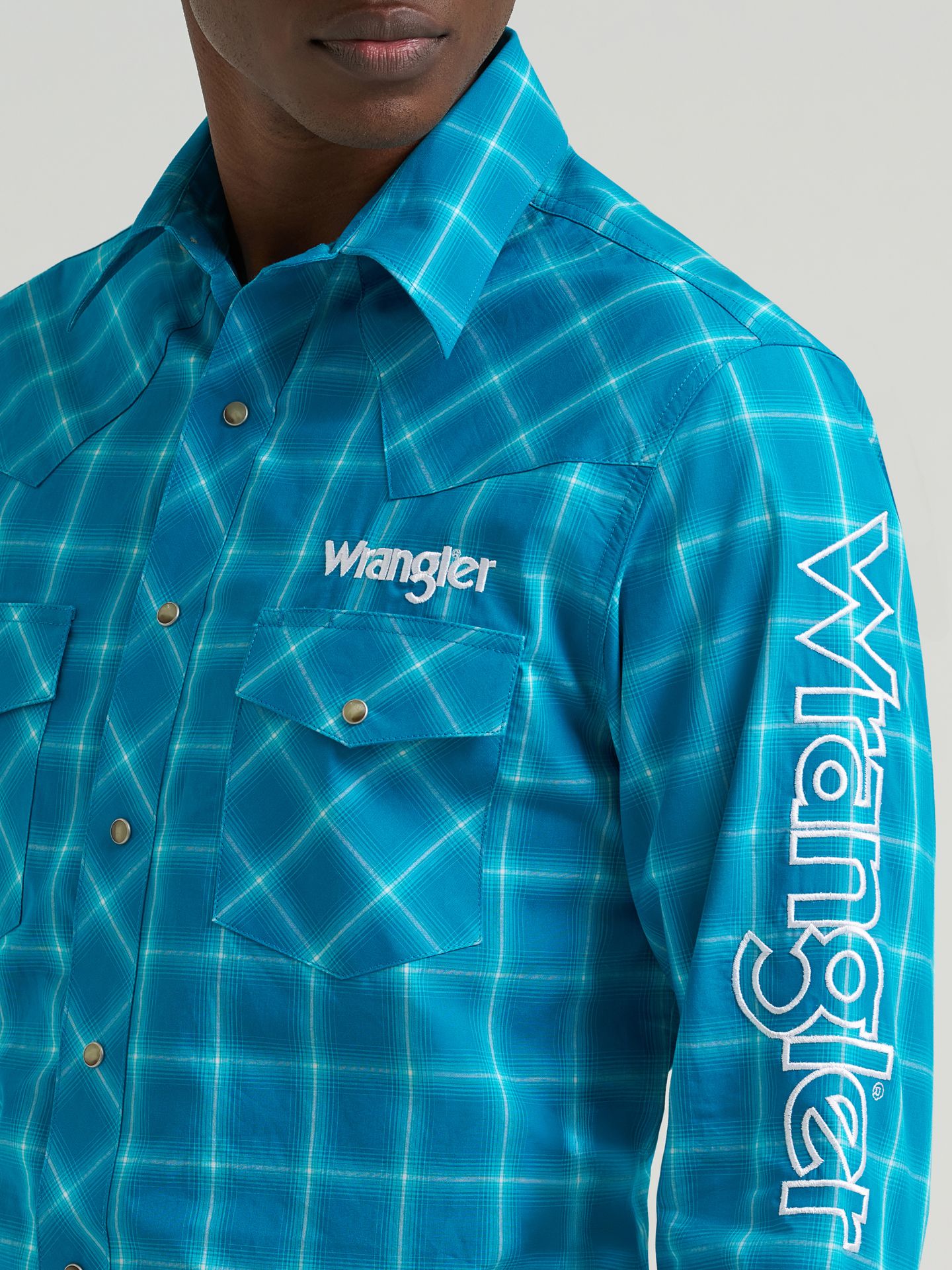 Мужская клетчатая рубашка Wrangler Logo в стиле вестерн, на кнопках, с длинным рукавом, цвет: Бирюзовый клетчатый — фото 3