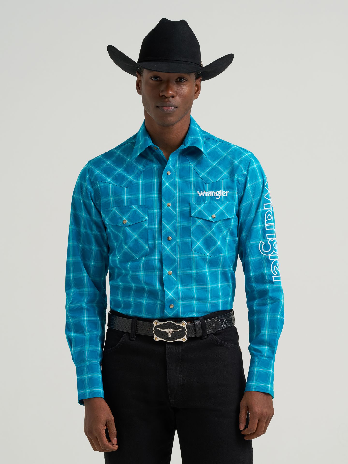 Мужская клетчатая рубашка Wrangler Logo в стиле вестерн, на кнопках, с длинным рукавом, цвет: Бирюзовый клетчатый — фото 1