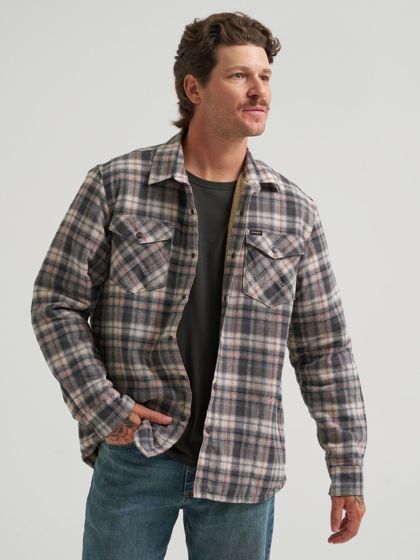 Мужская куртка Wrangler Heavyweight Sherpa Lined Plaid Shirt Jacket, цвет: Dove — фото 3