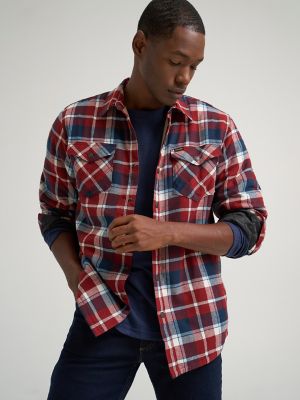 Men's Heavyweight Sherpa Lined Plaid Shirt Jacket in Syrah