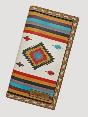 Canvas Southwest Print Leather Trim Checkbook in Tan