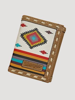 Canvas Southwest Print Leather Trim Trifold Wallet
