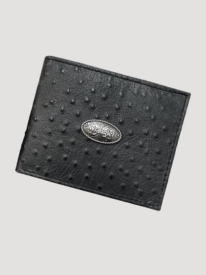 Embossed Ostrich Leather Bifold Wallet in Black