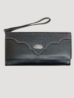 Ostrich and Concho Logo Wristlet in Black