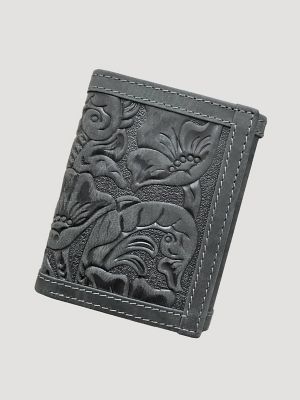 Texas Rose Leather Trim Trifold Wallet in Black