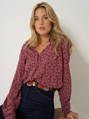 Women's Tess Dramatic Collar Floral Shirt in Pink Rose