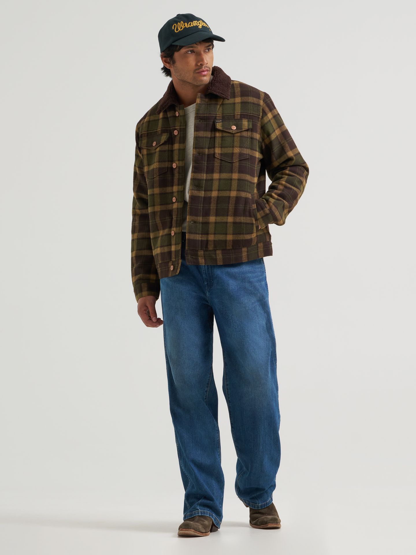 Мужская куртка Wrangler Range в клетку на подкладке из шерпы, цвет: Оливковый — фото 3
