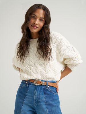Women's Heritage Cable Crew in Egret