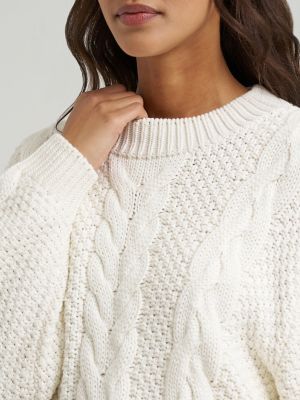 Women's Heritage Cable Crew in Egret