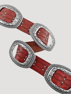 Women's Embossed Slider Conchos Belt in Red