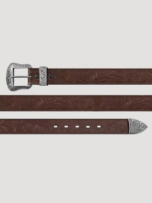 Women's 3 Piece Buckle Embossed Leather Belt in Mid Brown alternative view
