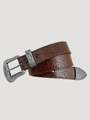 Women's 3 Piece Buckle Embossed Leather Belt in Mid Brown
