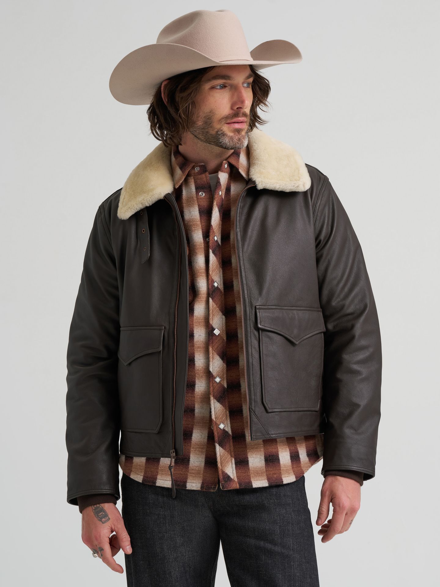 Мужская куртка Wrangler Leather Aviator, цвет: Шоколадный — фото 2