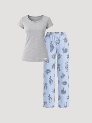 Women's Short Sleeve Pajama Set in White/Blue
