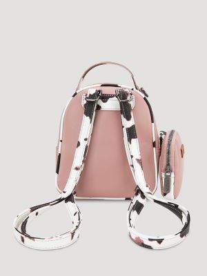 Cow Print Backpack with Coin Pouch in Pink