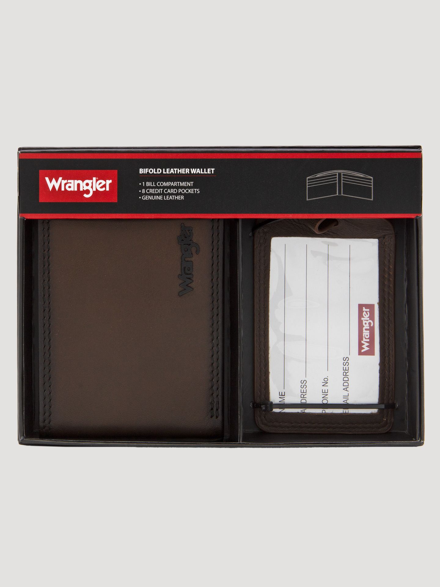 Мужские кошельки Wrangler Bifold Wallet & Luggage Tag Set, цвет: Коричневый — фото 2