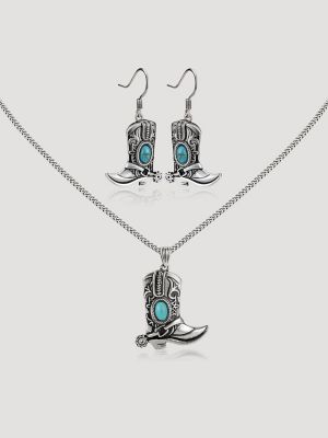 Silver Boot Pendant Necklace with Earring Set