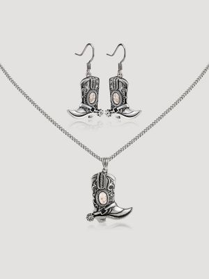 Silver Boot Pendant Necklace with Earring Set
