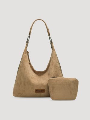 Suede Boho Bag with Cosmetic Case:Khaki:One Size main view