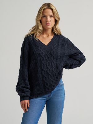Women's Oversized V-Neck Cable Sweater