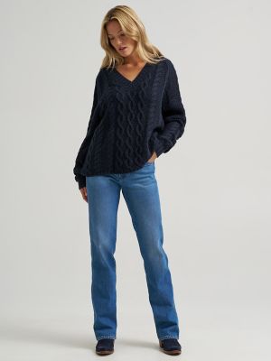Women's Oversized V-Neck Cable Sweater