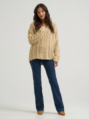 Women's Oversized V-Neck Cable Sweater in Oatmeal