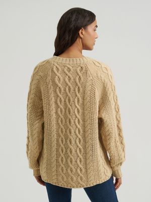 Women's Oversized V-Neck Cable Sweater in Oatmeal
