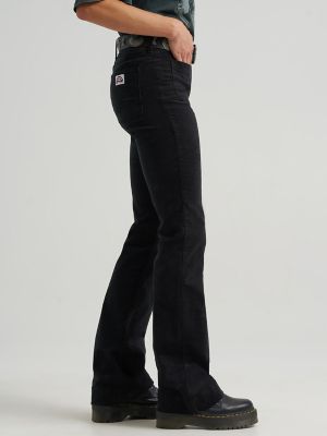 Women's Patch Pocket Corduroy Rainbow Flare Jean in Jet Black