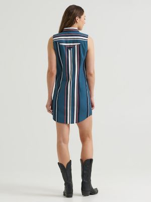Women's Brushpopper Stripe Sleeveless Western Snap Shirt Dress in Teal