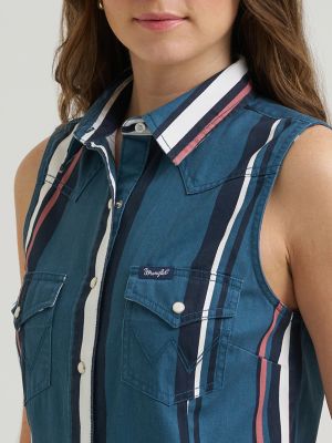 Women's Brushpopper Stripe Sleeveless Western Snap Shirt Dress in Teal