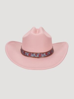 Women's Floral Trim Faux Wool Cowboy Hat in pink