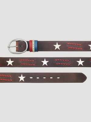 Women's Star Embroidered Leather Belt in Brown alternative view
