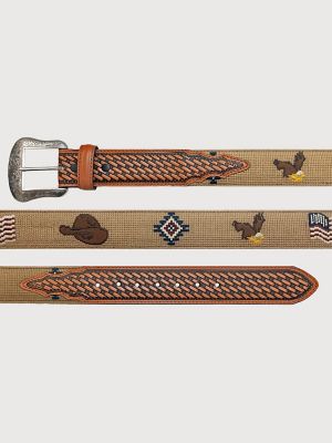 Men's Embroidered Basketweave Leather Belt