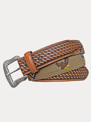 Wrangler Men's Embroidered Basketweave Leather Belt In Brown