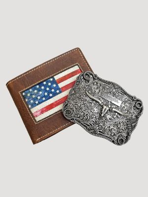 Wrangler Americana Wallet & Steerhead Buckle Gift Set In Brown