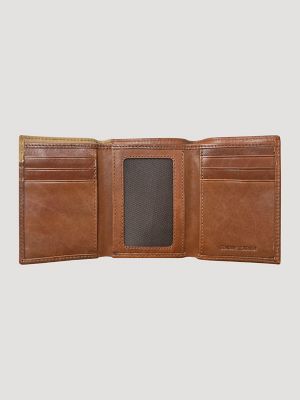 Basketweave Leather Tri Fold Wallet:Brown:One Size alternative view