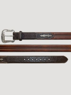Men's Double Stitch Floral Leather Belt in Brown