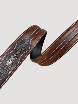 Men's Double Stitch Floral Leather Belt in Brown