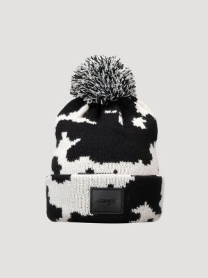 Women's Cow Print Beanie And Scarf Set in Black/White
