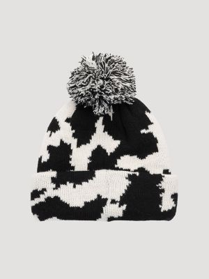 Women's Cow Print Beanie And Scarf Set in Black/White