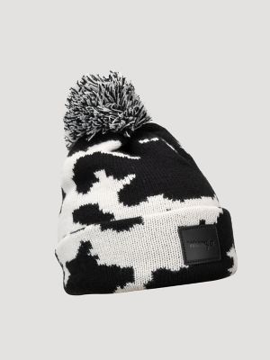 Women's Cow Print Beanie And Scarf Set in Black/White