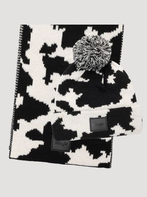 Women's Cow Print Beanie And Scarf Set in Black/White