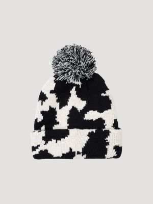 Women's Cow Pom Pom Beanie in Black/White